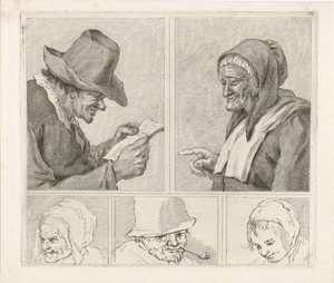 Lezende man en oude vrouw en drie koppen
