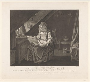 Lezende oude vrouw op een zolderkamer
