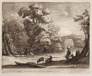 Liber Veritatis:  No. 39, A Landscape with Herdsman Playing a Bagpipe and Goats Browsing