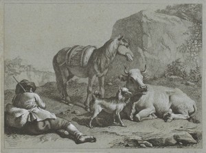Liggende herder met paard, koe en hond