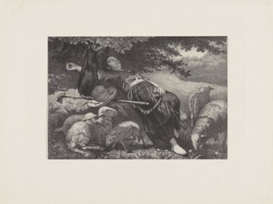 Liggende herderin omgeven door schapen