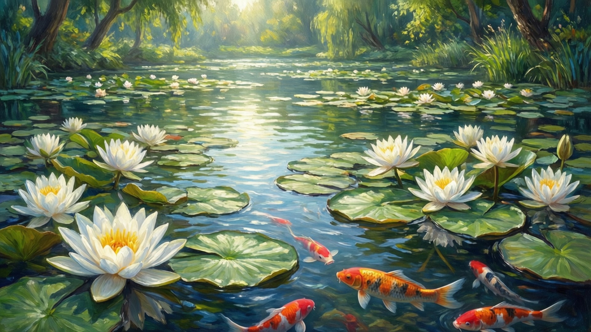 Lily Pond with Koi by Wallpapers.art Studio