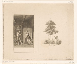 Links Nanette en Albert in de blokhut en rechts een man en vrouw onder een grote boom