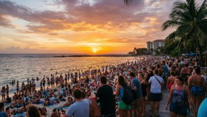 Lively Beach Sunset Crowd