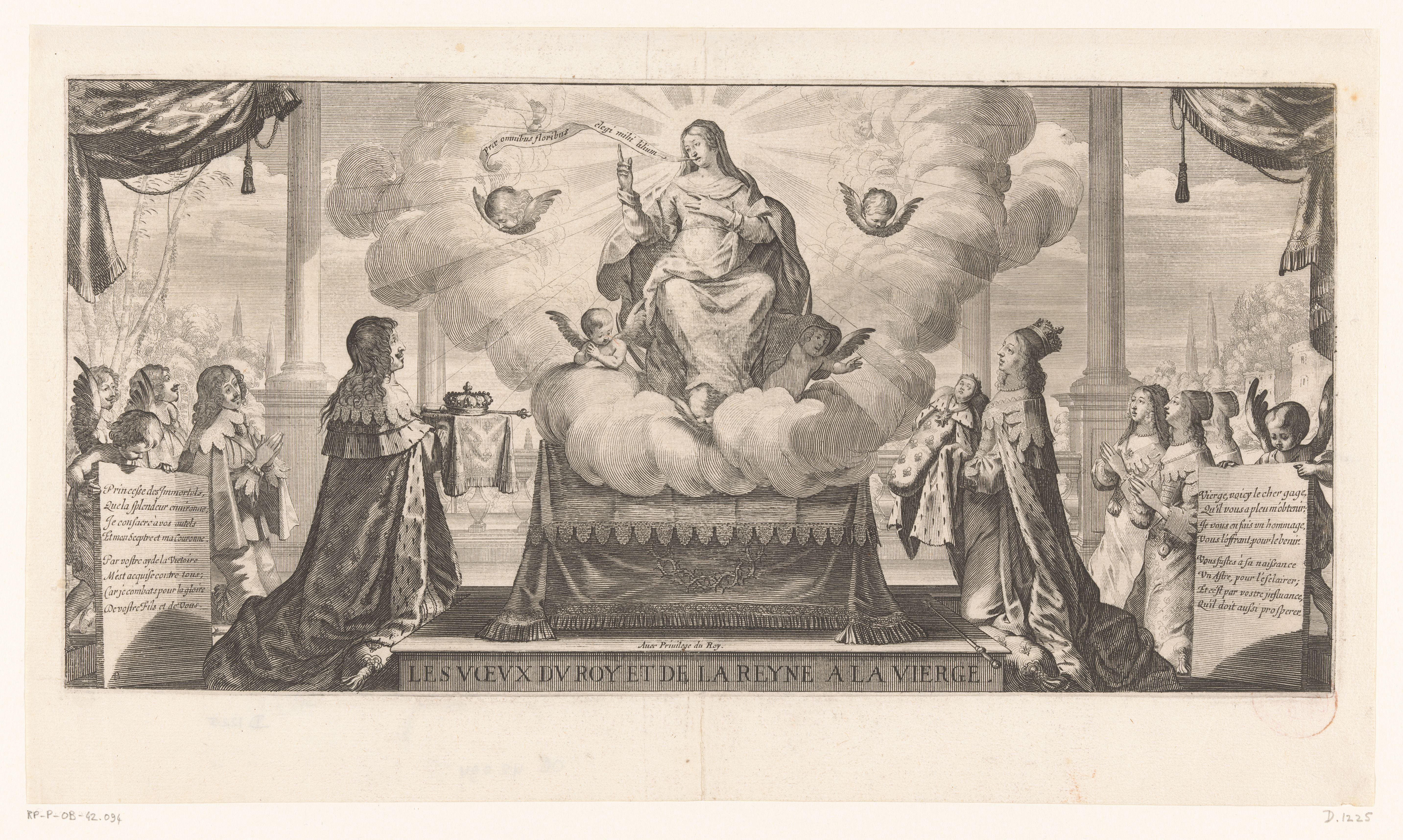 Lodewijk XIII en Anna van Oostenrijk presenteren kroonprins Lodewijk XIV aan de maagd Maria by Abraham Bosse
