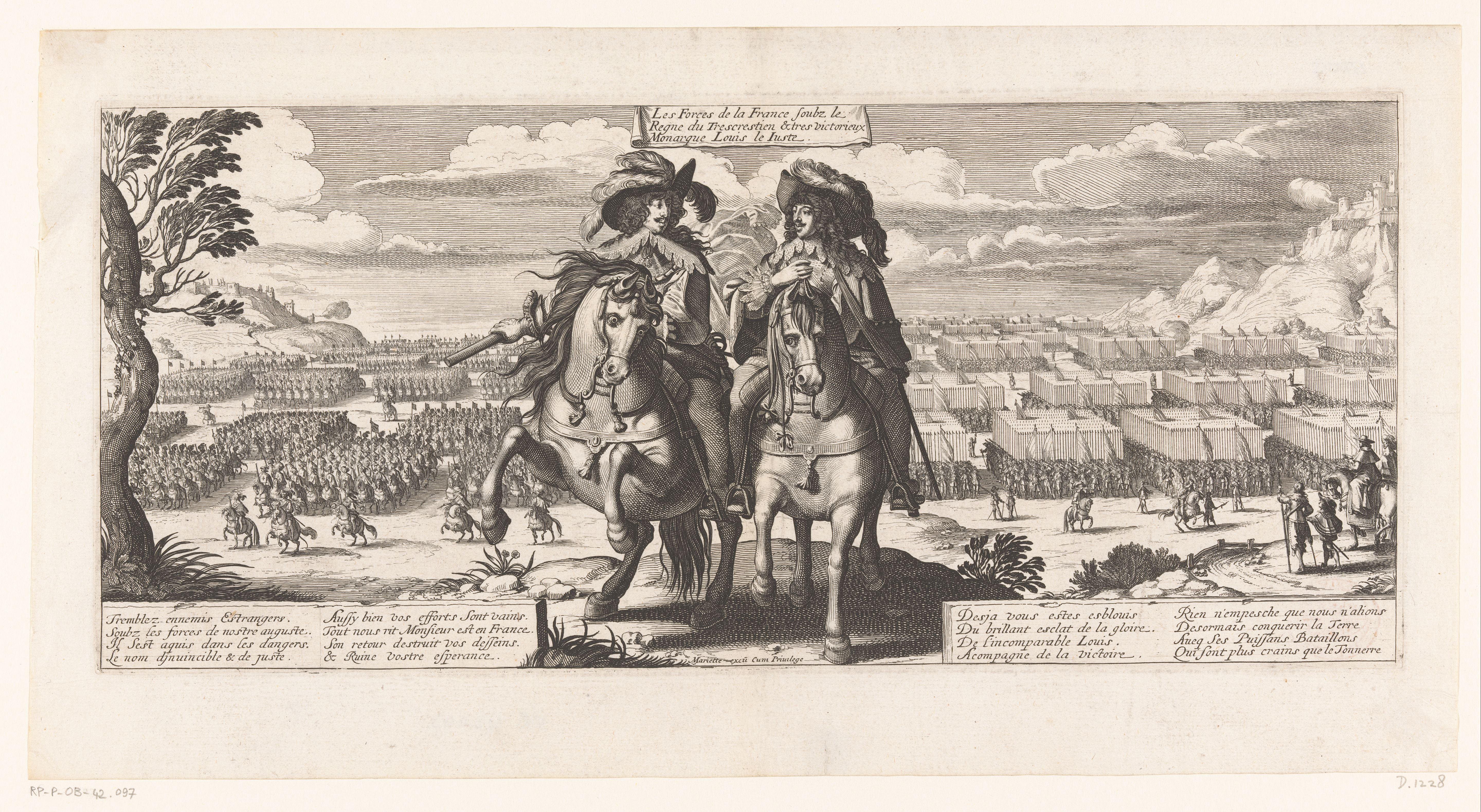 Lodewijk XIII en Gaston Jean Baptiste, hertog van Orléans te paard met op achtergrond de troepen in gelid by Abraham Bosse