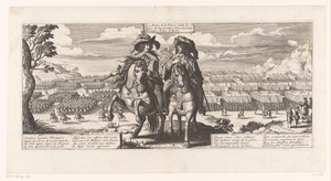Lodewijk XIII en Gaston Jean Baptiste, hertog van Orléans te paard met op achtergrond de troepen in gelid
