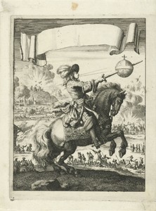 Lodewijk XIV spietst te paard een aardbol aan zijn zwaard