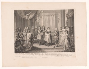Lodewijk XIV van Frankrijk decoreert de hertog van Bourgogne met het blauwe lint van de Orde van de Heilige Geest