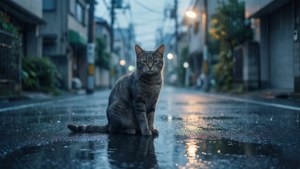 Lone Cat Rainy Street