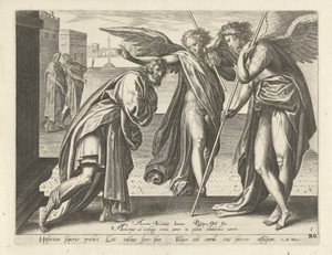 Lot ontmoet de twee engelen aan de poort van Sodom