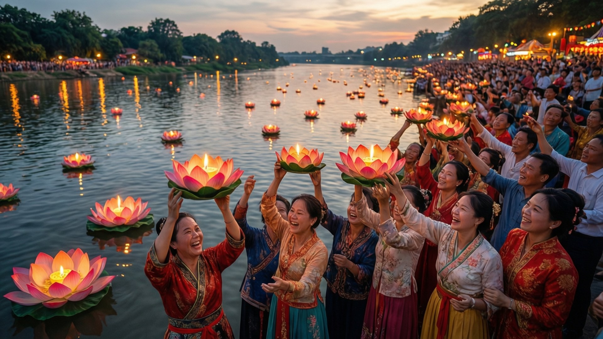 Lotus Lantern River by Wallpapers.art Studio