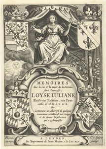 Louise Juliana van Oranje-Nassau tronend onder baldakijn boven cartouche met titel, in vier hoeken familiewapens en sinaasappelboom
