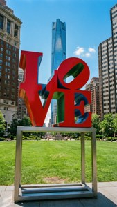 Love Statue with City Backdrop
