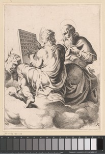 Lucas de evangelist en een heilige in de wolken