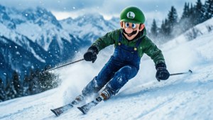 Luigi Skiing on Snowy Mountain
