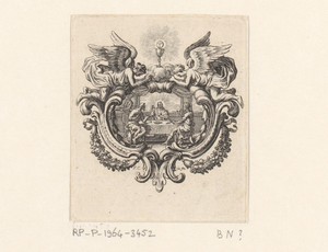 Maaltijd te Emmaüs in een cartouche met twee engelen