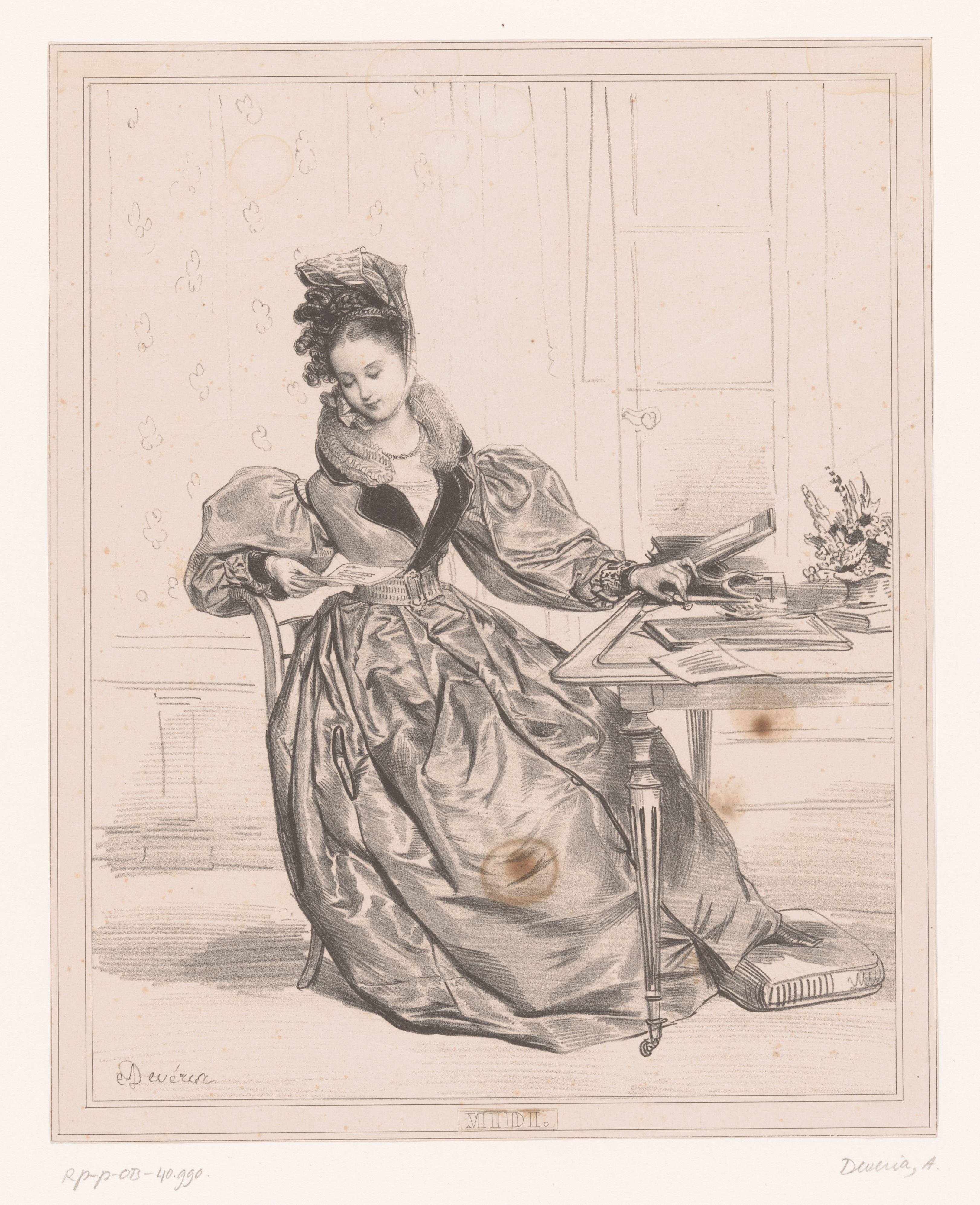 Madame Devéria leest een brief tijdens het middaguur by Achille Devéria