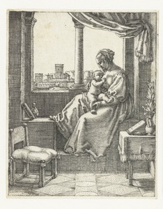 Madonna met kind aan borst zittend bij een raam