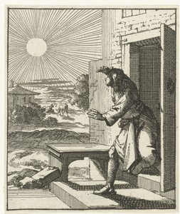 Man beschermt zijn ogen tegen de zon wanneer hij naar buiten loopt