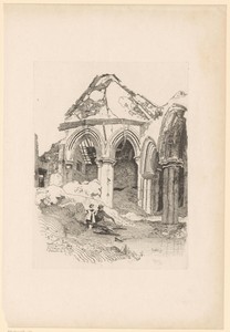 Man en kind zitten bij een water naast de ruïne van Creake Abbey in Norfolk