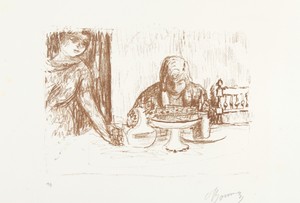 Man en vrouw aan gedekte tafel met schalen en karaf
