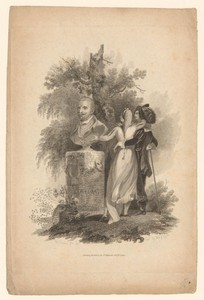 Man en vrouw in historisch kostuum kijken naar een portretbuste van Félix Lope de Vega