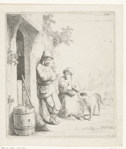 Man en vrouw met kind bij deur van huis