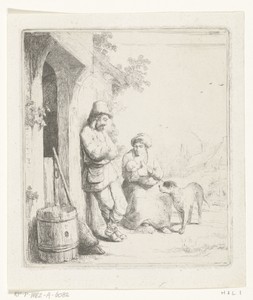 Man en vrouw met kind bij deur van huis