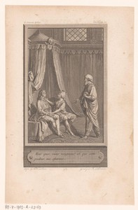 Man en vrouw op een hemelbed benaderd door een oude man met tulband