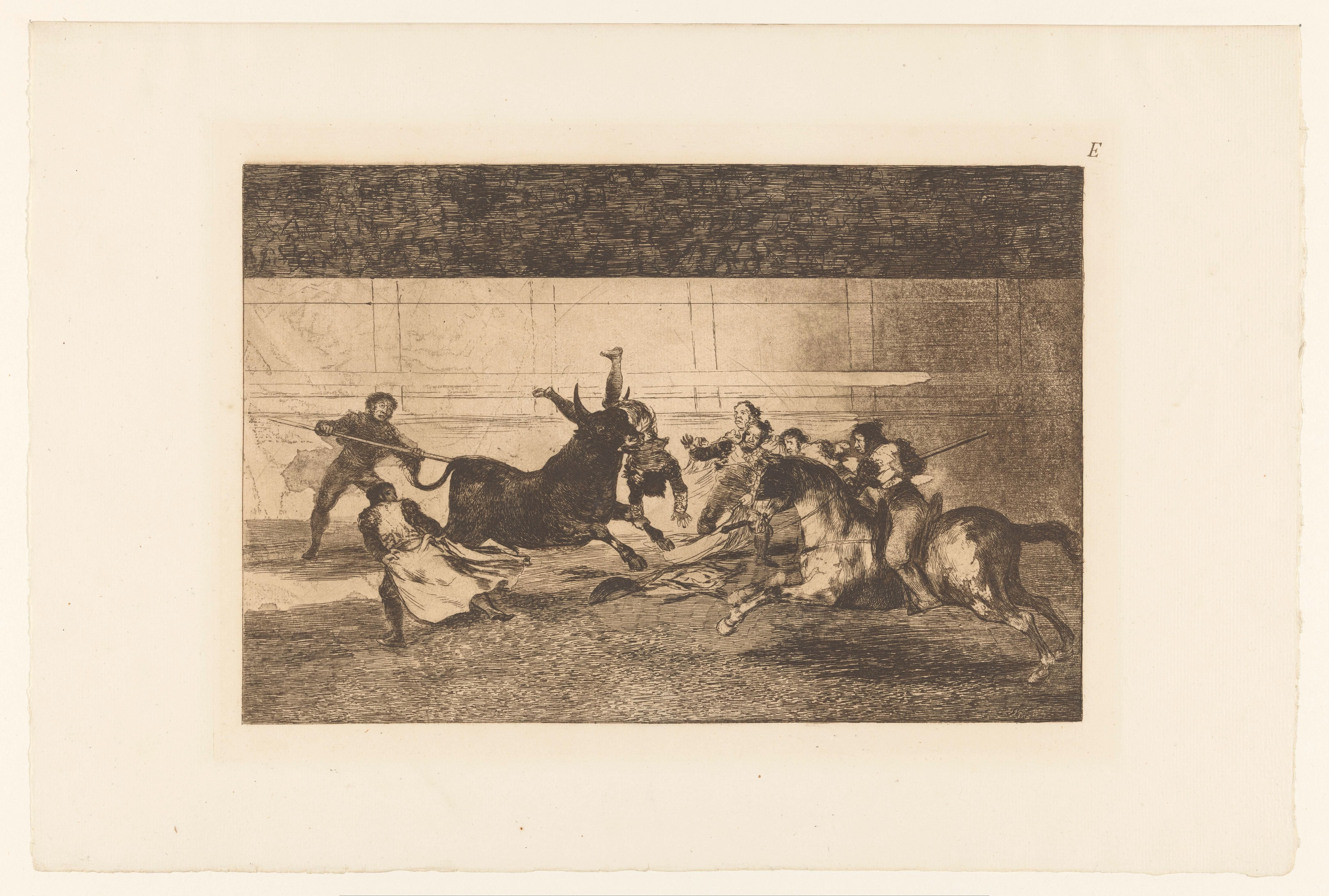 Man gespiest aan de hoorn van een stier by Francisco de Goya