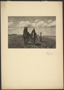 [Man guiding plow with horses]