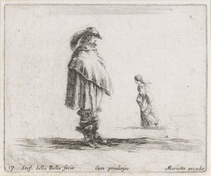Man in een mantel gewikkeld, vrouw op achtergrond