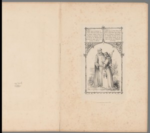 Man in habijt houdt de hand vast van een vrouw met harp