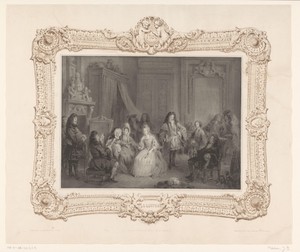 Man leest voor aan een gezelschap in een rijkelijk gedecoreerd interieur