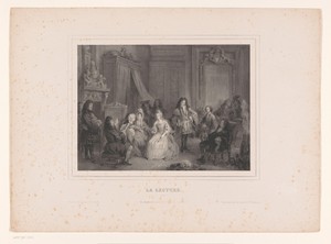 Man leest voor aan een gezelschap in een rijkelijk gedecoreerd interieur