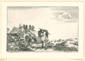 Man met bepakking in een landschap