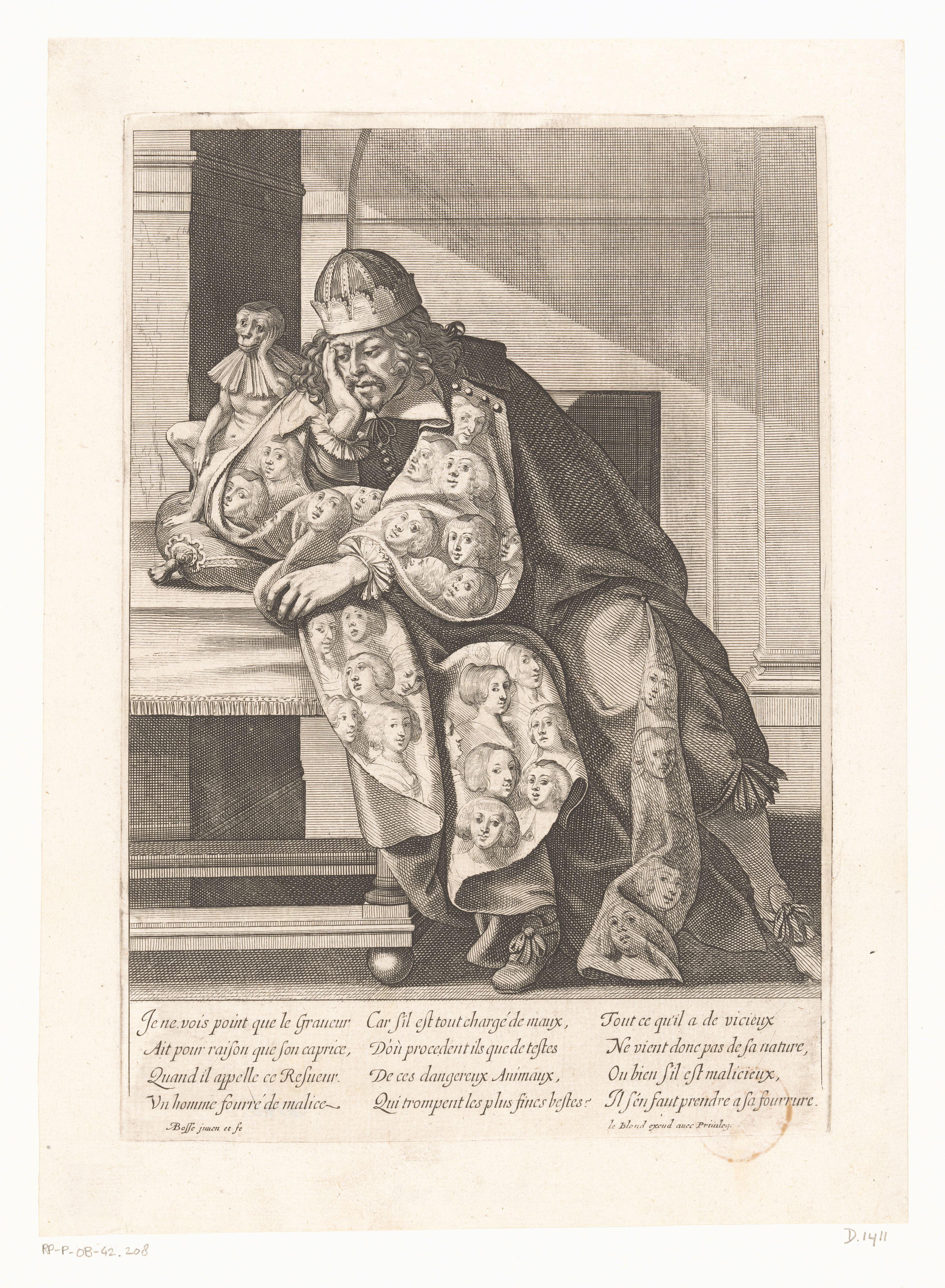 Man met een mantel waarop vrouwenhoofden, leunt op een tafel waarop een aap by Abraham Bosse