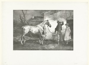 Man met een paard bij een herberg
