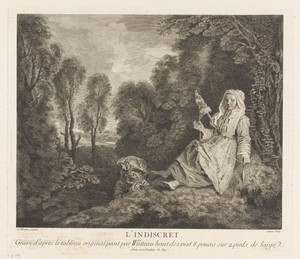 Man met fluit en vrouw met spoel in een landschap