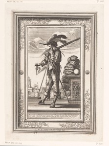 Man met haakbus op wacht, gekleed volgens de mode van ca. 1630