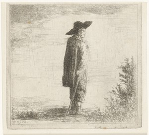 Man met hoed en stok in landschap