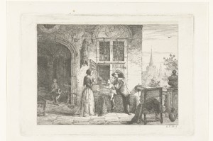 Man met kind en vrouw op terras voor gevel van huis