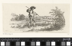Man met stok en een mand in een landschap