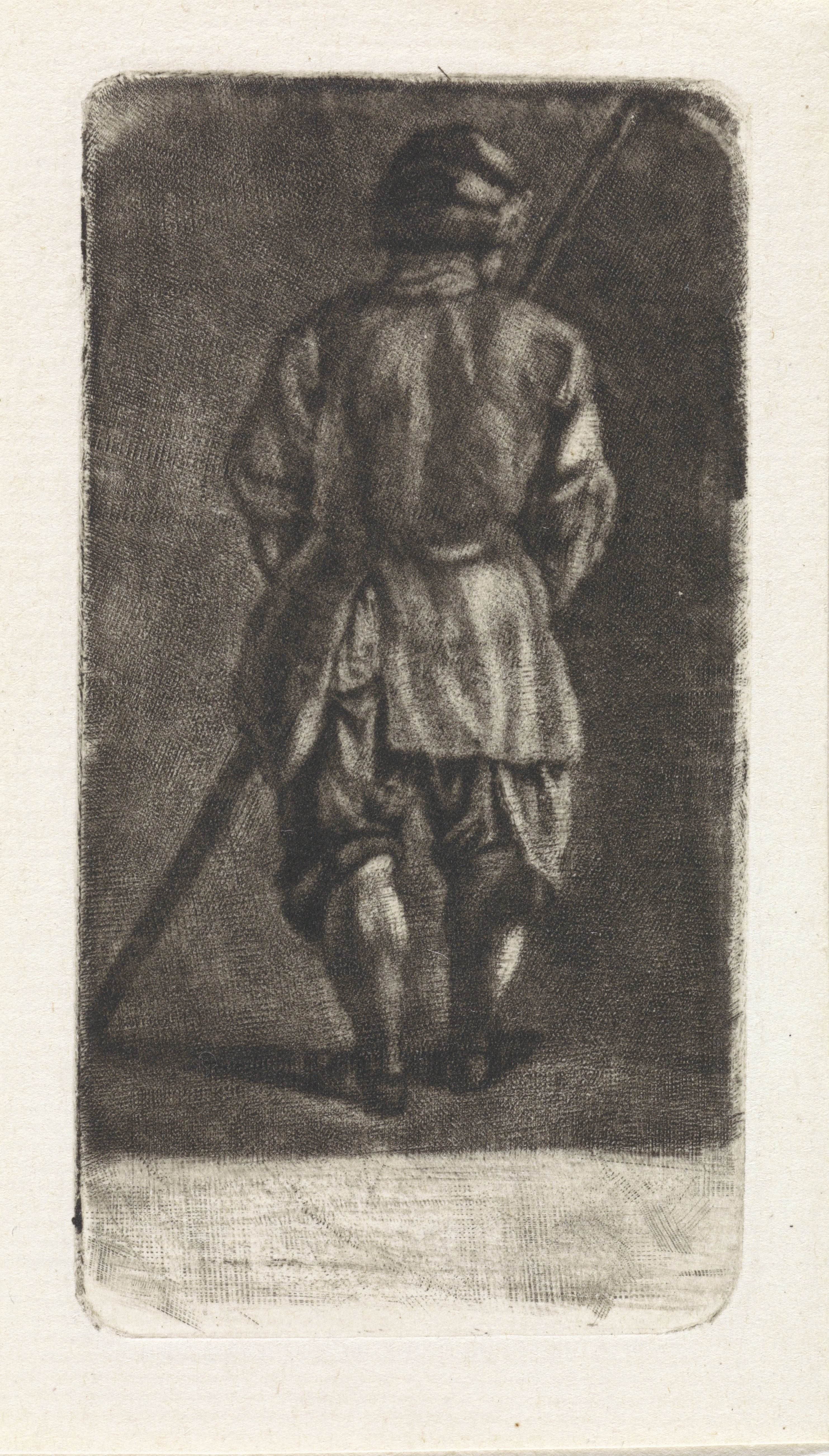 Man met stok, op de rug gezien by Abraham Delfos