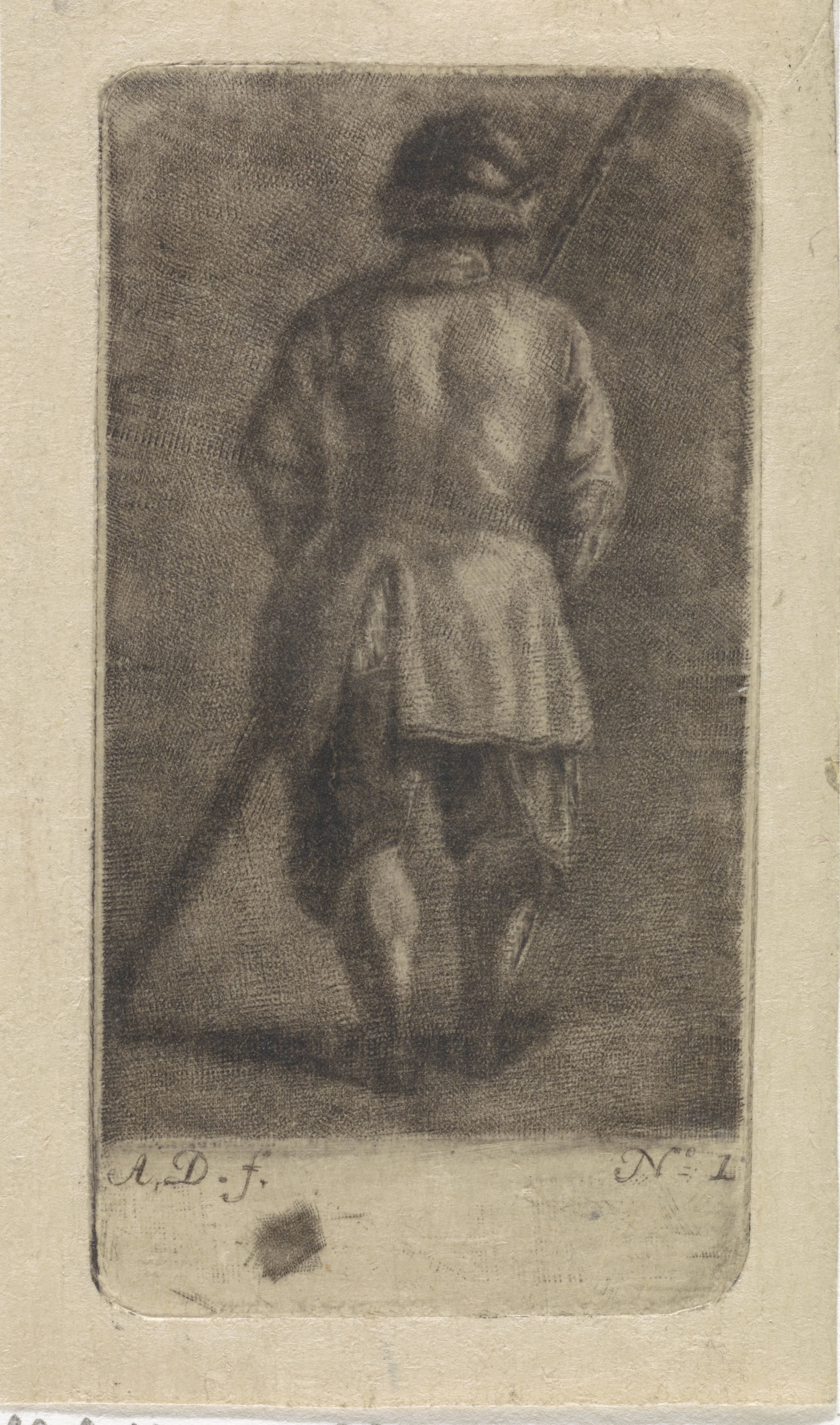 Man met stok, op de rug gezien by Abraham Delfos
