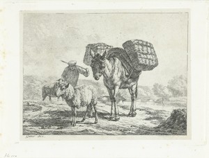 Man met twee schapen en een bepakte ezel
