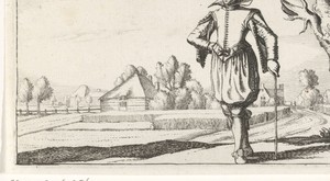 Man met wandelstok in een landschap