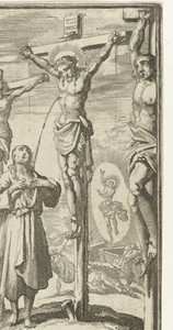 Man ontvangt op Golgotha een bloedstraal van de gekruisigde Christus in zijn eigen boezem
