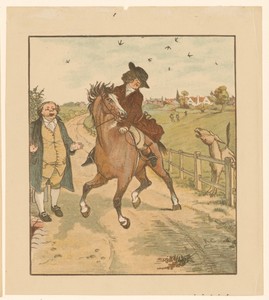 Man op een paard draait zich om naar een balkende ezel